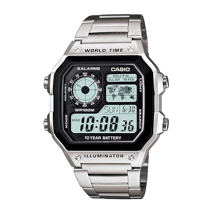Digital-Analog Wristwatch for Men – Brown Leather Strap, Octagonal Gold-Tone Case, World Time, Alarm, Chronograph, Illuminator